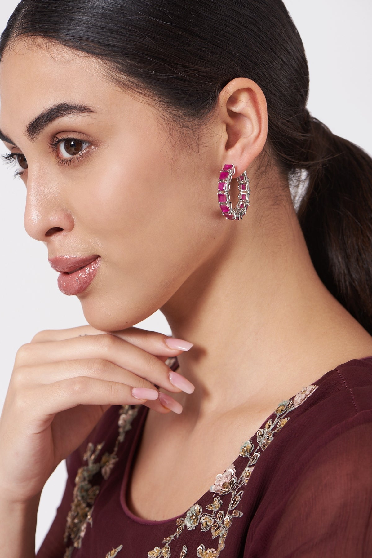 Black Rhodium Finish Earrings With Pink Synthetic Stones