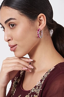 Black Rhodium Finish Earrings With Pink Synthetic Stones