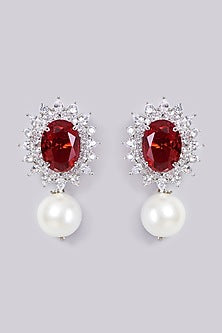 White Finish Red Stone Earrings
