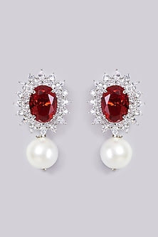 White Finish Red Stone Earrings