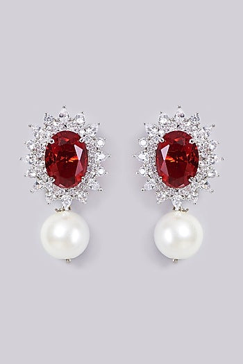 White Finish Red Stone Earrings
