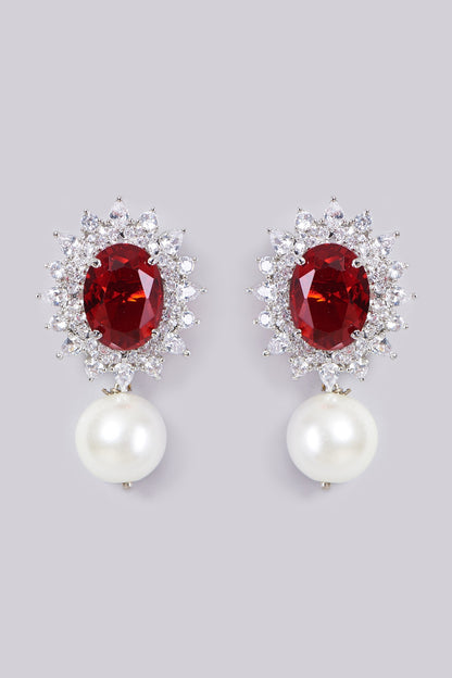 White Finish Red Stone Earrings