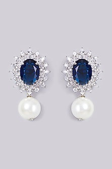 White Finish Blue Stone Earrings