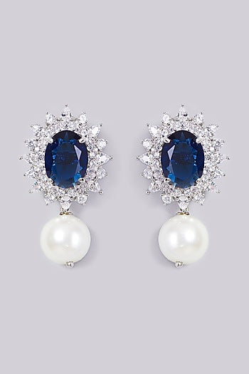White Finish Blue Stone Earrings