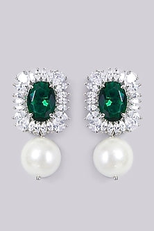 White Finish Green Stone Earrings