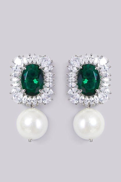 White Finish Green Stone Earrings