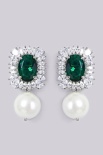 White Finish Green Stone Earrings