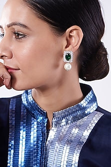 White Finish Green Stone Earrings