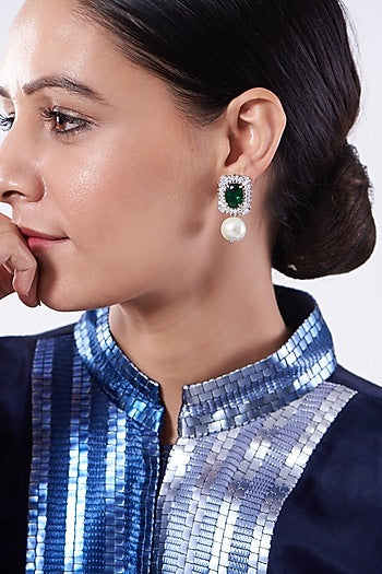 White Finish Green Stone Earrings