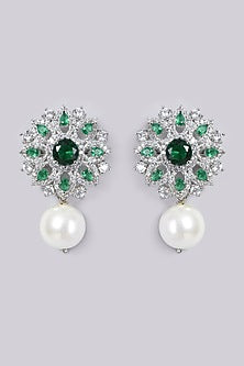 White Finish Zircon & Green Stone Earrings