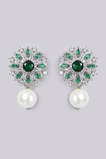 White Finish Zircon & Green Stone Earrings