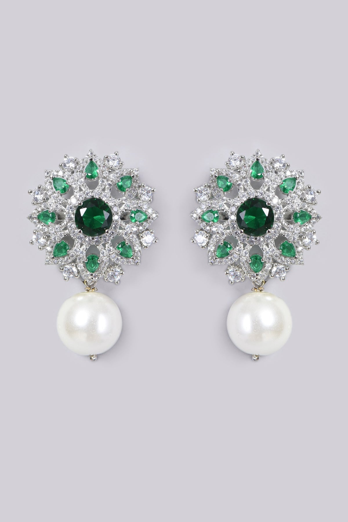 White Finish Zircon & Green Stone Earrings