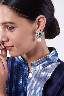 White Finish Zircon & Green Stone Earrings
