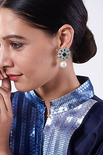 White Finish Zircon & Green Stone Earrings