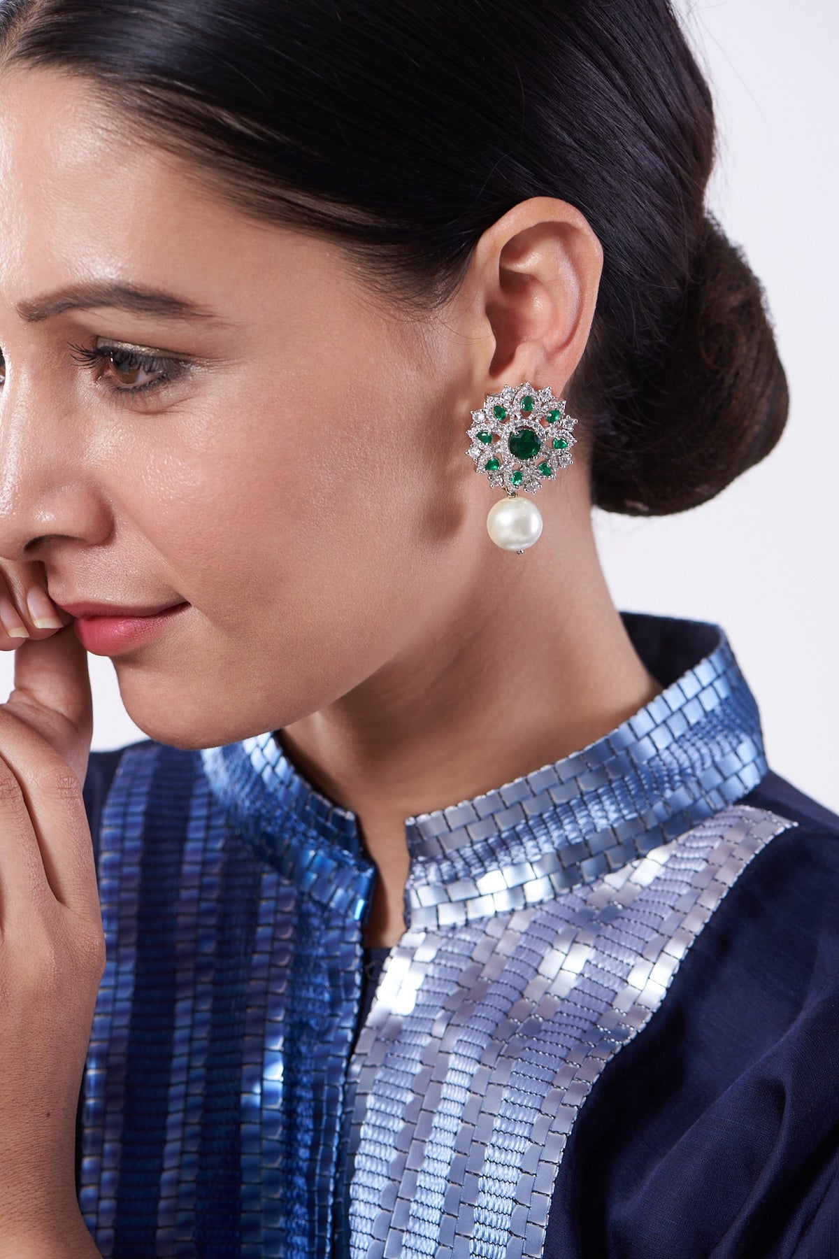 White Finish Zircon & Green Stone Earrings