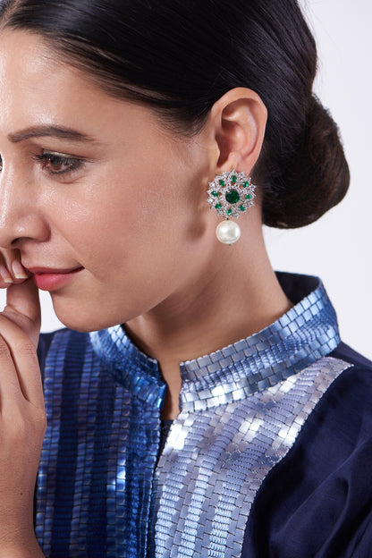 White Finish Zircon & Green Stone Earrings