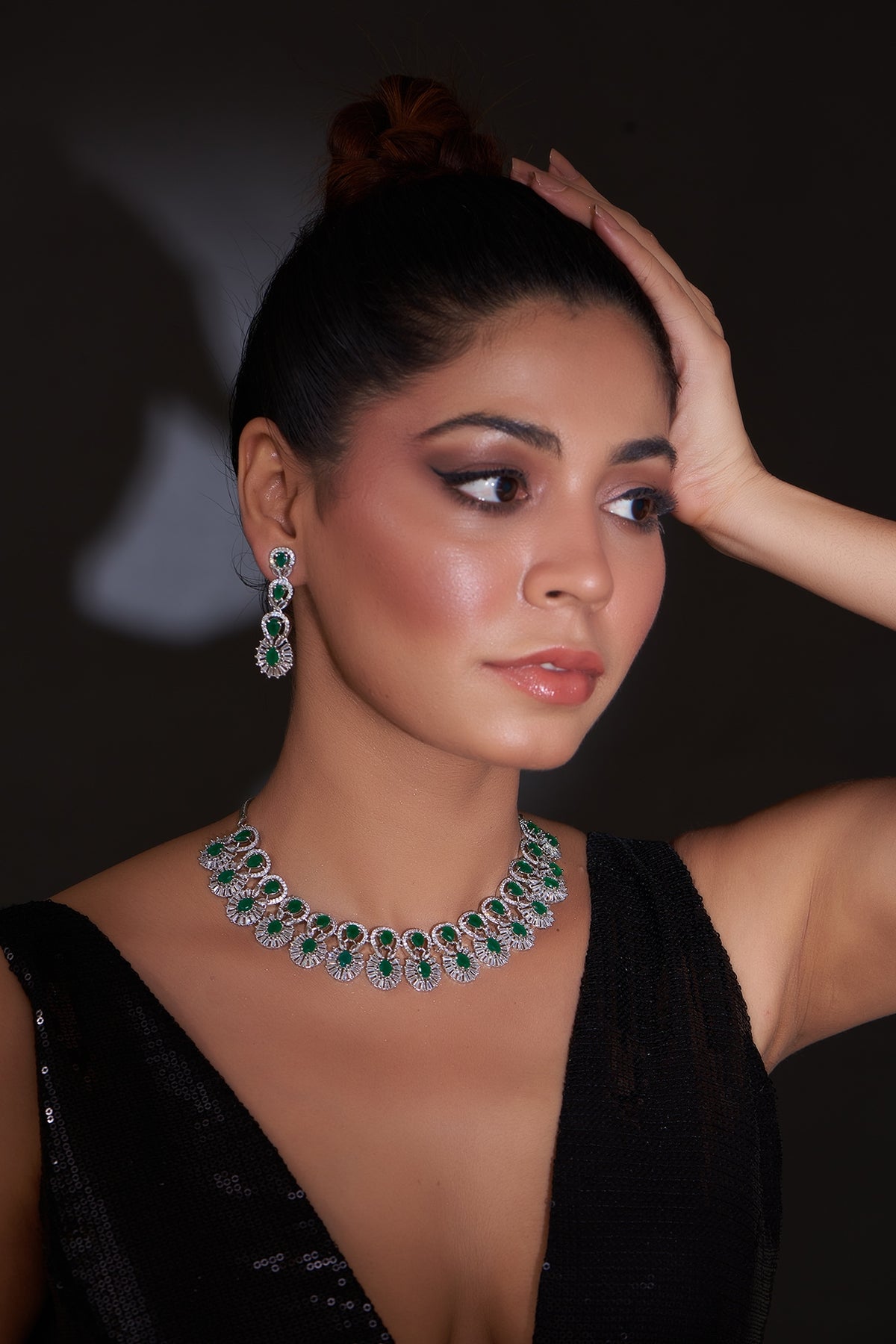 White Finish Zircon & Green Stone Necklace Set