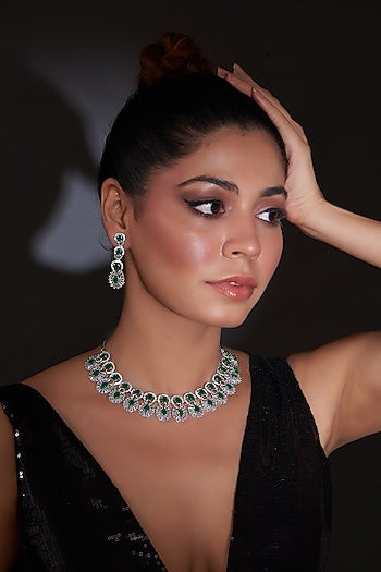 White Finish Zircon & Green Stone Necklace Set