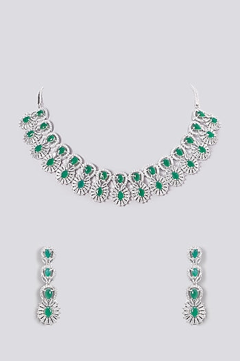 White Finish Zircon & Green Stone Necklace Set