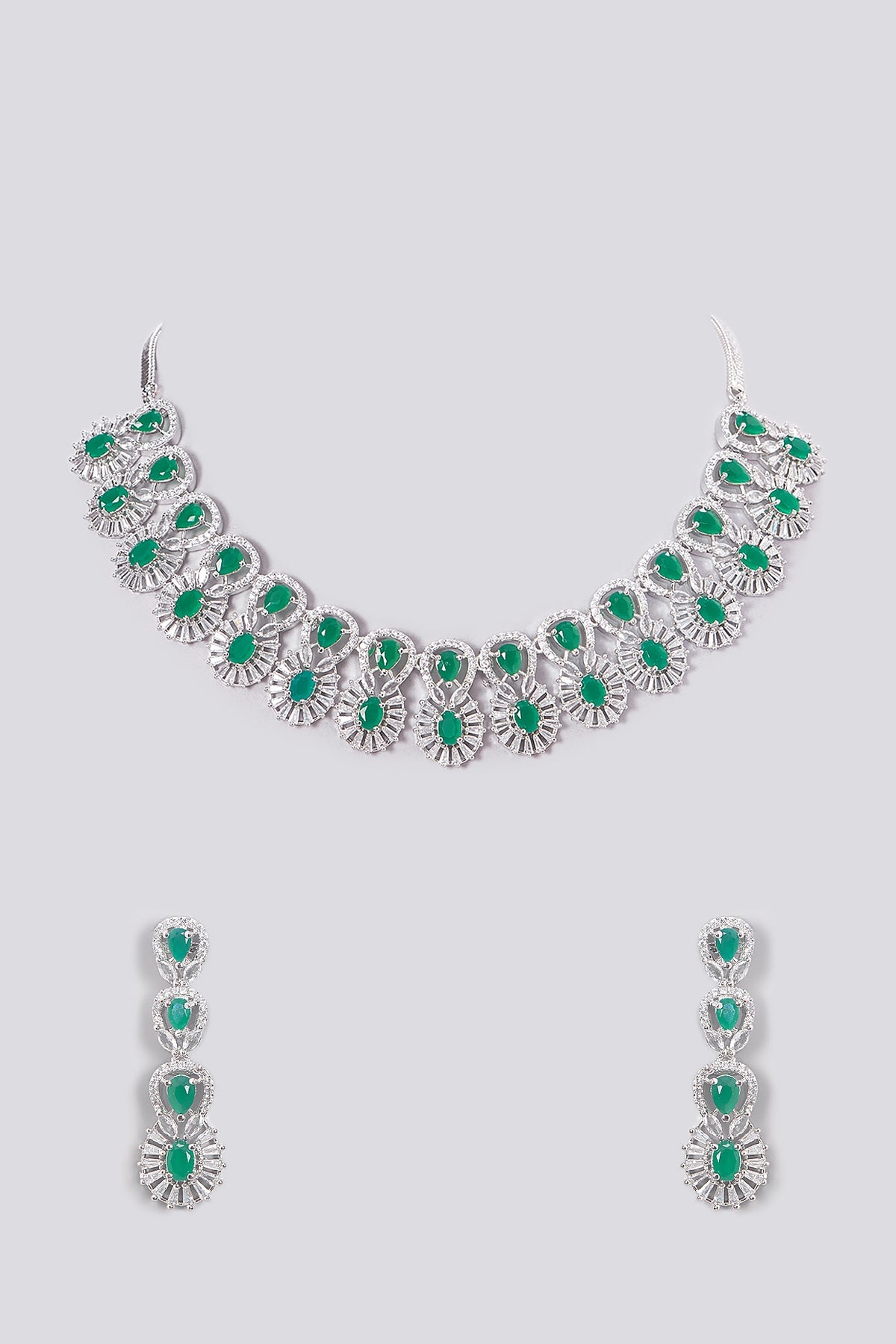 White Finish Zircon & Green Stone Necklace Set