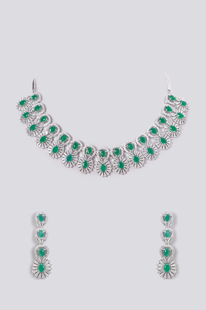 White Finish Zircon & Green Stone Necklace Set