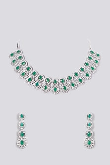 White Finish Zircon & Green Stone Necklace Set