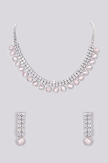 White Finish Zircon & Pink Stone Necklace Set