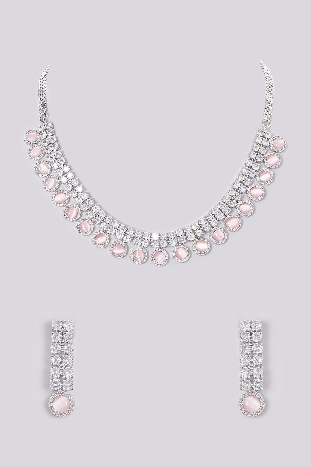White Finish Zircon & Pink Stone Necklace Set