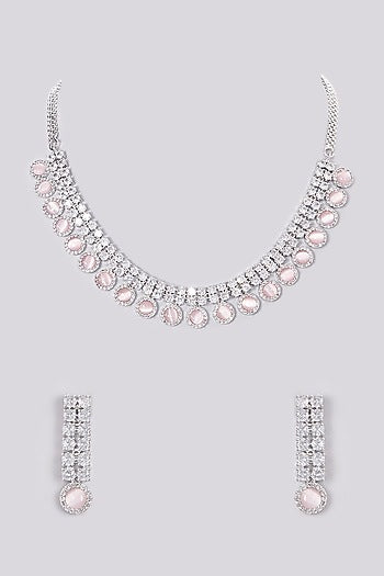 White Finish Zircon & Pink Stone Necklace Set