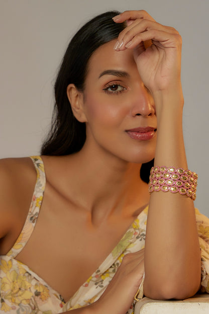 Gold Finish Zircon & Red Stone Bangles (Set of 4)