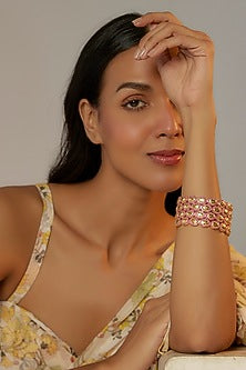 Gold Finish Zircon & Red Stone Bangles (Set of 4)