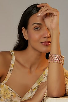 Gold Finish Zircon & Red Stone Bangles (Set of 4)