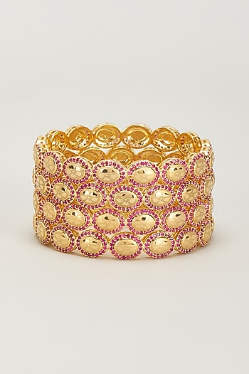 Gold Finish Zircon & Red Stone Bangles (Set of 4)