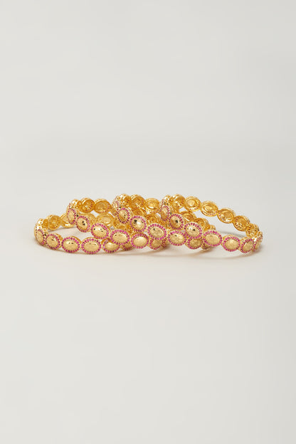 Gold Finish Zircon & Red Stone Bangles (Set of 4)