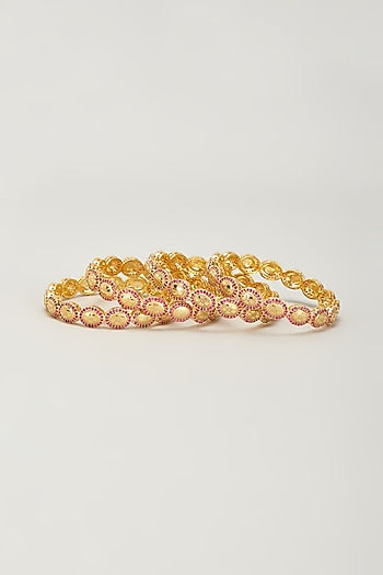 Gold Finish Zircon & Red Stone Bangles (Set of 4)
