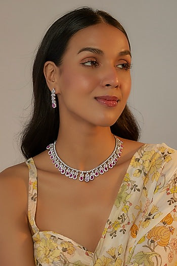 White Finish Zircon & Red Stone Necklace Set