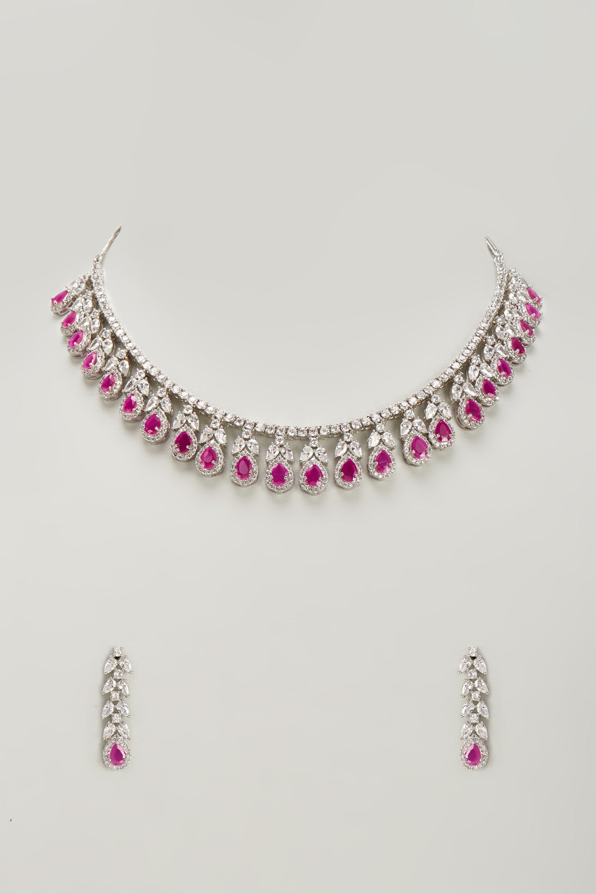 White Finish Zircon & Red Stone Necklace Set