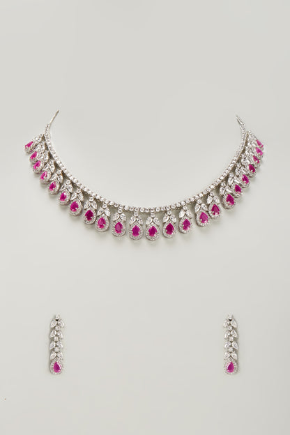White Finish Zircon & Red Stone Necklace Set