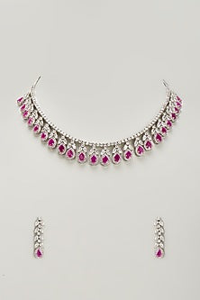 White Finish Zircon & Red Stone Necklace Set
