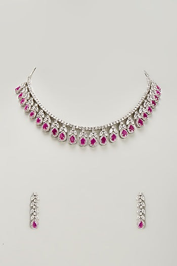 White Finish Zircon & Red Stone Necklace Set