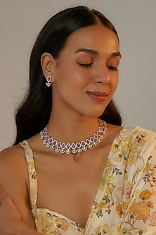 White Finish Zircon & Red Stone Necklace Set
