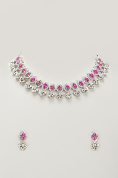 White Finish Zircon & Red Stone Necklace Set