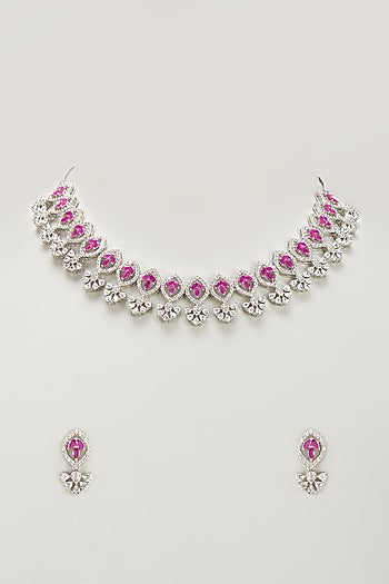 White Finish Zircon & Red Stone Necklace Set