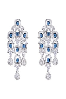 White Finish Faux Diamond Earrings With Blue Stones
