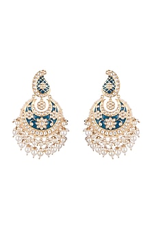 Gold Plated Blue Meenakari Earrings With Faux Diamonds