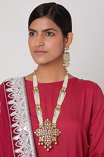 Gold Finish Pearl & Kundan Necklace Set