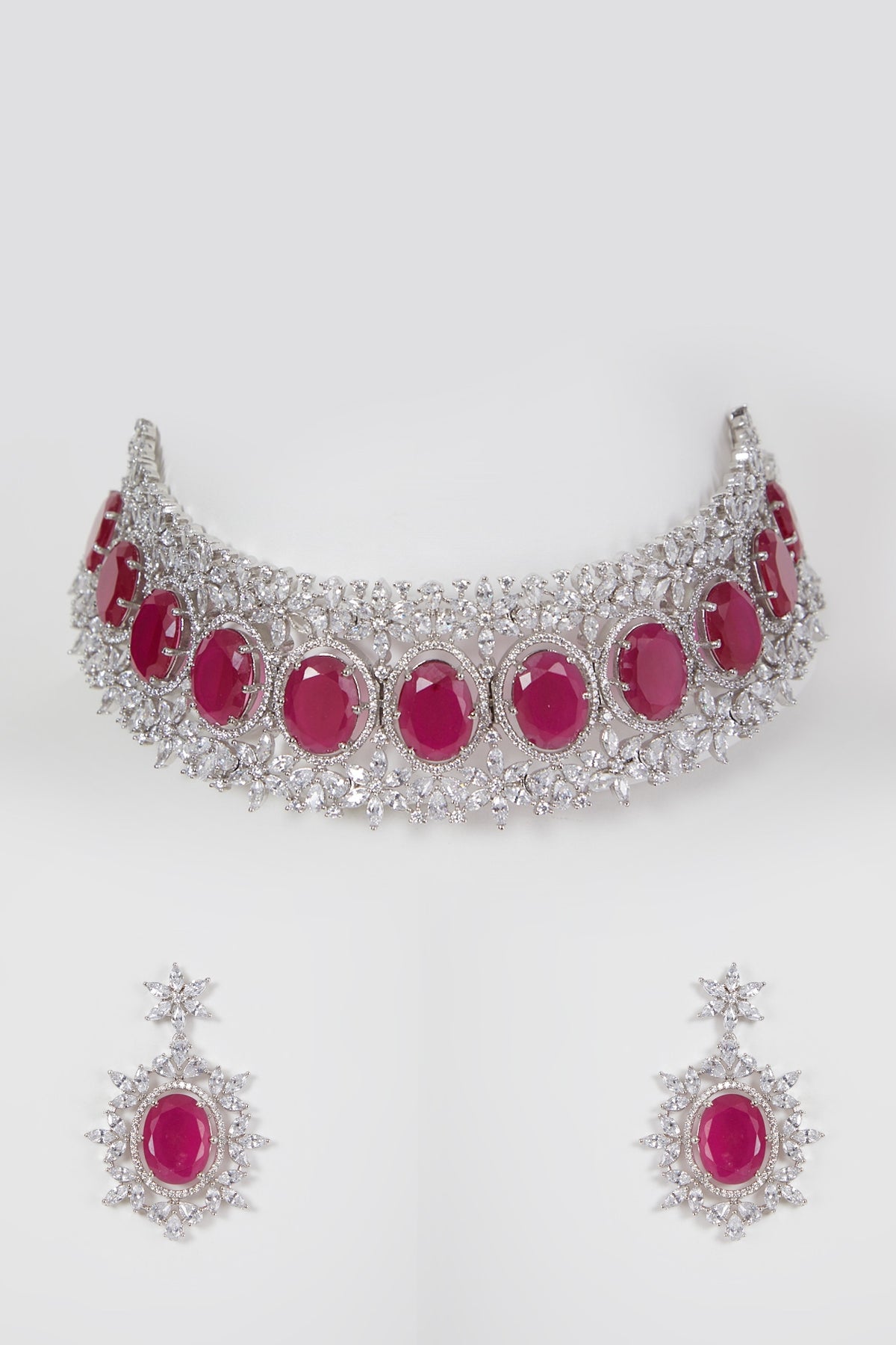 White Finish Diamond & Red Stone Necklace Set