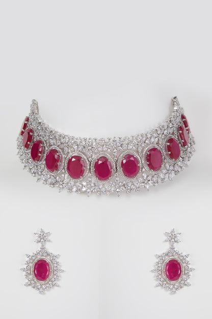 White Finish Diamond & Red Stone Necklace Set
