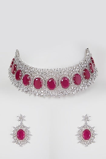 White Finish Diamond & Red Stone Necklace Set