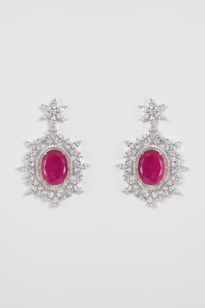 White Finish Diamond & Red Stone Necklace Set